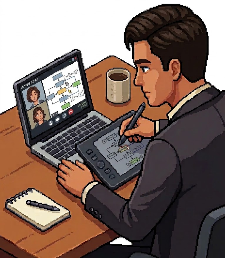 Pixel art illustration of Haziq Nadeem tutoring online at his desk