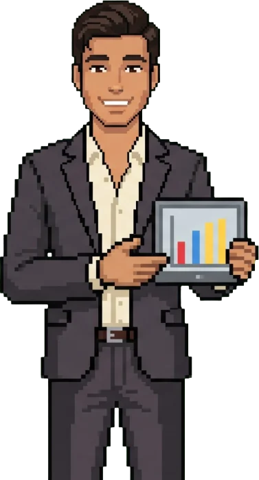 Pixel-art Haziq holding a tablet with a chart